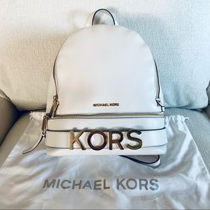 NEW! Michael Kors Women’s Rhea Medium Leather Backpack in Bright White with Gold